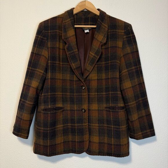 Vintage David Paul New York Plaid Brown Wool Blend Stitched Collar Blazer Size 1 - Picture 1 of 8